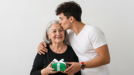 A loving moment captured as a young man shows affection to his grandmother, who is holding a wrapped present.の素材