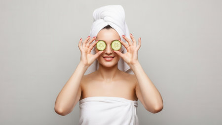 A smiling woman with a towel wrapped around her head and body holds cucumber slices over her eyes, suggesting a spa or beauty treatment.の素材