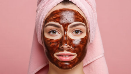 Close-up of a womans face with a chocolate mud mask and a pink towel wrapped around her head, against a pink background.の素材