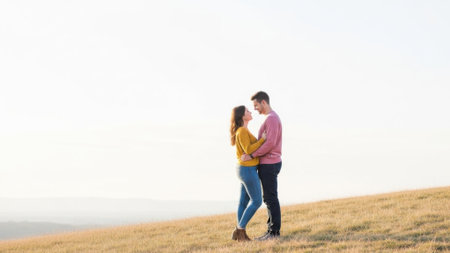 A romantic moment between a young man and woman embracing on a grassy hill under a bright, expansive sky.の素材