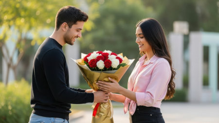A man surprises a woman with a beautiful bouquet of red and white roses, creating a sweet and romantic scene.の素材