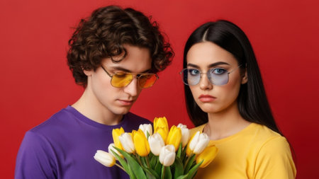 A young couple with sunglasses holding a bouquet of tulips, looking unhappy.の素材