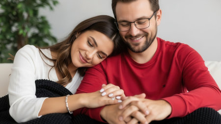 A happy young couple holding hands and resting their heads together, conveying love and connection.の素材