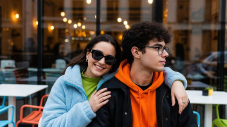 A smiling young woman with sunglasses leans on the shoulder of a young man with glasses, both sitting at an outdoor cafe.の素材