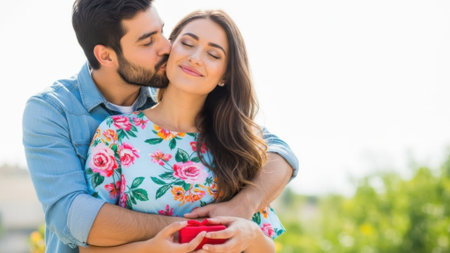 A romantic scene of a man kissing a woman on the cheek, both smiling and embracing.の素材