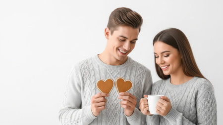 A happy young couple in matching sweaters smiles at each other while holding heart shaped cookies and a coffee mug, celebrating love and togetherness.の素材