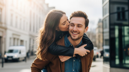 A woman gives her boyfriend a piggyback ride and a kiss on the cheek as they walk down a sunlit street.の素材