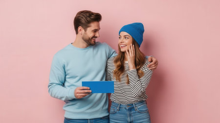 A happy young couple, dressed in casual winter clothing, sharing a tender moment and looking at each other with affection. The man holds a blue envelope, possibly containing a surprise or gift, adding to the romantic atmosphere.の素材