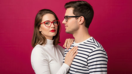 A young couple, both wearing glasses, are posing together against a vibrant pink background. The woman is looking at the camera, while the man is looking away.の素材