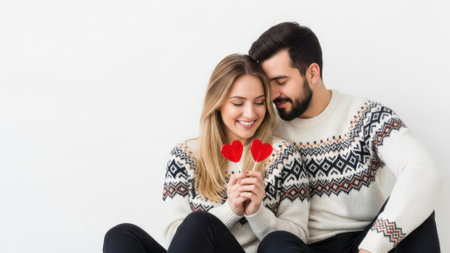 A happy young couple wearing matching patterned sweaters, holding two red hearts together, smiling.の素材