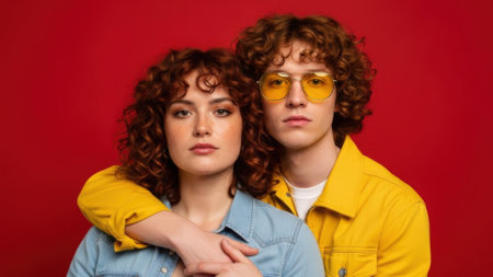A young couple with curly hair and stylish outfits posing together against a vibrant red backdrop.の素材