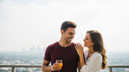 A happy couple shares a moment on a balcony, holding drinks and looking at each other with smiles, with a city skyline in the background.の素材
