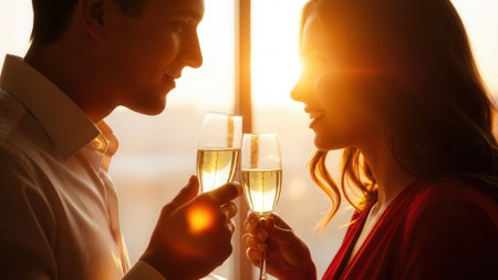 A romantic couple clinks champagne glasses together during a beautiful sunset, silhouetted against the warm golden light.の素材