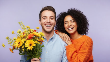 A joyful mixed-race couple shares a laugh while holding a vibrant bouquet of yellow and orange flowers against a soft purple background.の素材