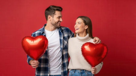 A smiling couple holding red heart-shaped balloons, celebrating love and romance.の素材