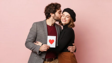 A man kisses a woman on the cheek while holding a Valentines card with a red heart. They are embracing against a pink background.の素材