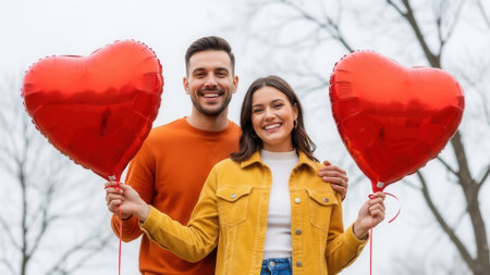 A smiling couple holds large red heart-shaped balloons, celebrating love and romance outdoors.の素材