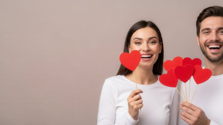 A joyful couple, a man and a woman, smiling and holding red heart shapes, symbolizing love and happiness.の素材