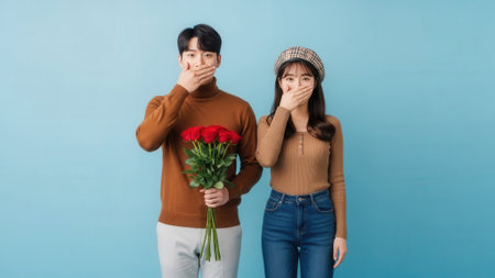 A young Asian couple stands close together, both covering their mouths with their hands. The man holds a bouquet of red roses.の素材