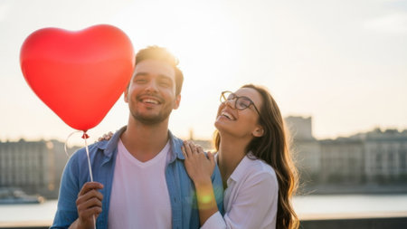 A joyful couple shares a moment of happiness outdoors, with the man holding a red heart-shaped balloon and the woman laughing.の素材