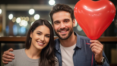 A smiling couple poses for a photo, the man holding a red heart-shaped balloon, celebrating love and romance.の素材
