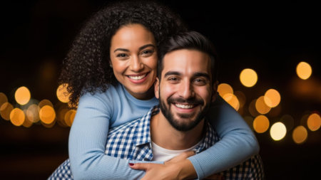 A joyful mixed-race couple shares a piggyback ride at night, smiling warmly at the camera, with soft, blurred bokeh lights in the background.の素材