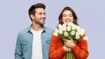 A joyful couple shares a moment as the woman embraces a large bouquet of white tulips, her eyes closed in delight.の素材