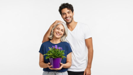 A smiling couple, a man and a woman, stand together against a white background. The woman holds a potted plant.の素材