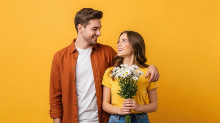 A smiling couple holding a bouquet of flowers, looking at each other affectionately against a vibrant yellow backdrop.の素材