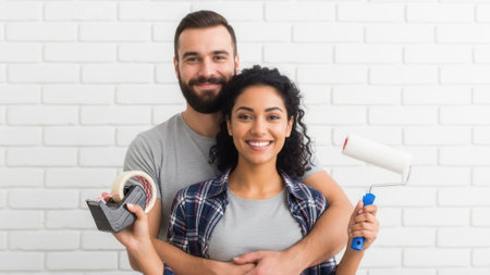 A smiling couple holds painting supplies, ready to start their home improvement project together.の素材