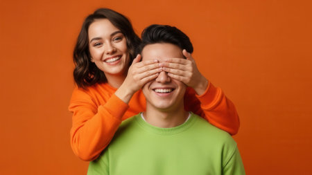 A joyful couple shares a playful moment, with the woman covering the mans eyes in a fun surprise.の素材