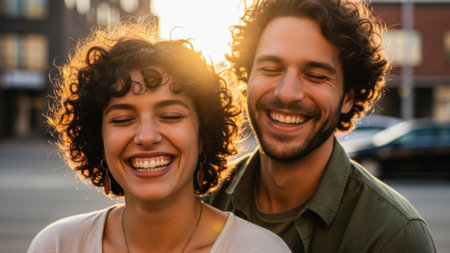 A joyful couple shares a moment of laughter, bathed in the warm glow of the setting sun, creating a beautiful and intimate scene.の素材