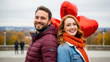A smiling couple stands back to back outdoors, holding red heart-shaped balloons, celebrating love and romance.の素材