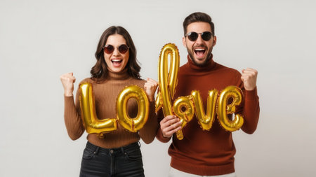 A joyful couple wearing sunglasses and turtlenecks holds large gold balloons spelling out LOVE and celebrates with raised fists.の素材