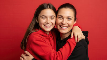 A happy mother and daughter share a warm hug, both smiling at the camera against a vibrant red backdrop.の素材