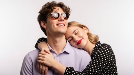 A joyful young couple shares a tender moment, embracing with closed eyes and warm smiles, radiating happiness and love.の素材