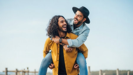 A joyful moment between two men, one giving the other a piggyback ride, smiling and looking at each other with affection.の素材