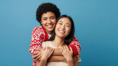 A joyful portrait of two women of different ethnicities sharing a warm embrace and genuine smiles, set against a vibrant blue backdrop.の素材