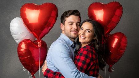 A happy couple embraces affectionately, surrounded by red and white heart-shaped balloons, celebrating love and romance.の素材