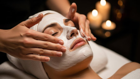 A woman enjoys a soothing facial mask application, promoting relaxation and skincare in a tranquil spa setting.の素材