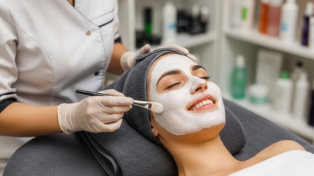 A woman smiles as a beautician applies a white facial mask with a brush, promoting relaxation and skincare.の素材