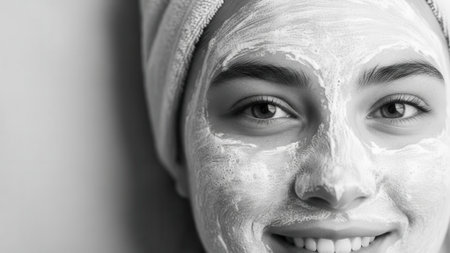 A close-up black and white portrait of a smiling woman wearing a towel on her head and a white facial mask.の素材