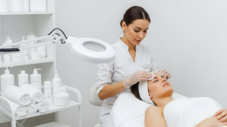 A professional beautician applies a treatment to a clients face in a clean, well-equipped spa room, highlighting skincare and relaxation.の素材