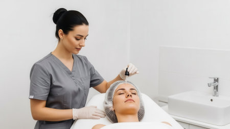 A female cosmetologist in a grey uniform and white gloves performs a facial treatment on a woman lying on a bed in a bright, modern clinic.の素材