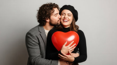 A man kisses a woman holding a large red heart balloon, symbolizing love and affection.の素材
