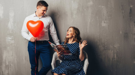A man surprises a woman with a gift and a heart-shaped balloon, capturing a moment of joy and affection.の素材