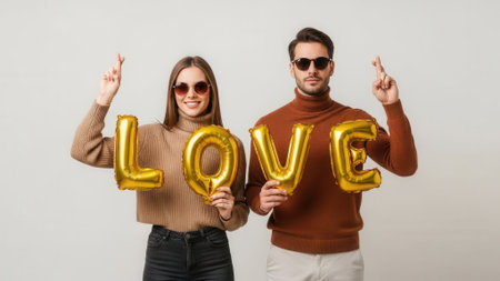 A happy couple wearing sunglasses and turtlenecks holds gold balloons that spell out the word LOVE and cross their fingers for good luck.の素材