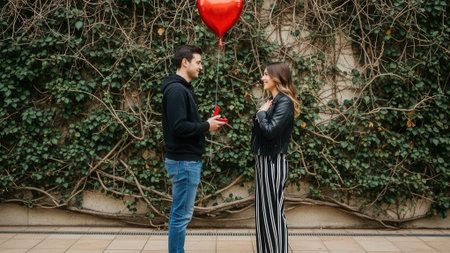 A man proposes to a woman with a heart balloon and gift box in front of a lush green wallの素材