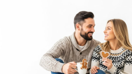 A happy couple sharing a moment with hot beverages and a sweet treat, embodying warmth and connection.の素材