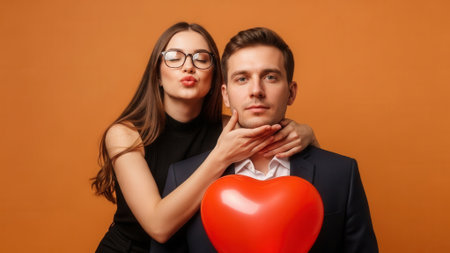 A playful couple shares a moment with a red heart balloon, expressing affection and romantic feelings.の素材